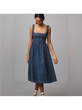 REFORMATION NWT 100% Cotton Tagliatelle Denim Midi Dress, Dark Blue Wash, Size 6